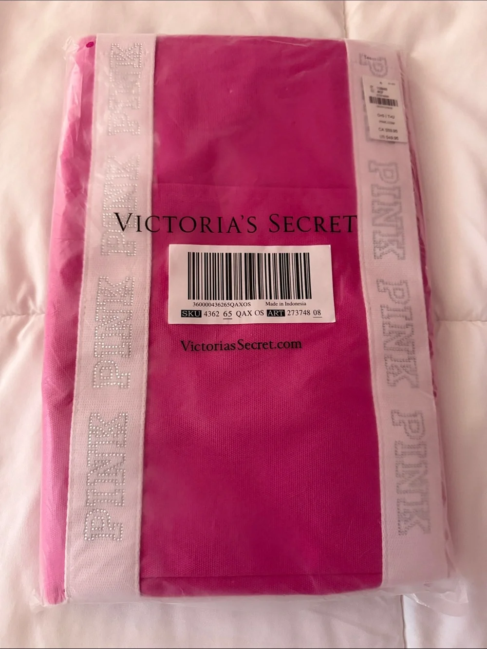 PINK Victoria's Secret Hot Pink Canvas Tote Bag with White Logo Straps NWT
